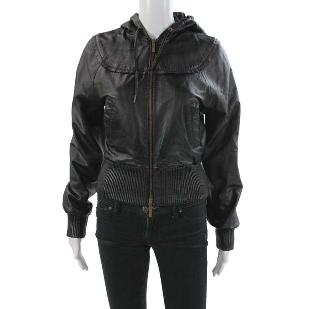 Marc Ecko Womens Black Genuine Leather Bomber Jacket Zip Long Sleeve Size S